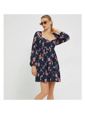 Abercrombie & Fitch Floral Long Sleeve Mini Dress Navy Pink XS Baby Doll